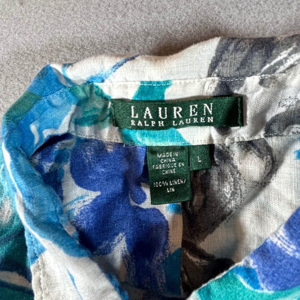 Lauren Ralph Lauren Blue Floral 100% Linen Button Down Shirt Large Tropical - Picture 2 of 9